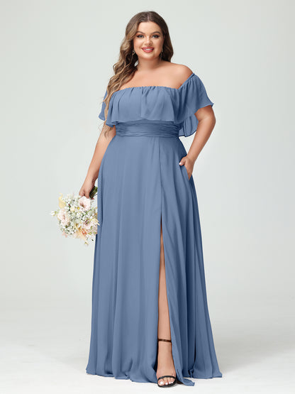 Forme Princesse Hors-la-épaule Manches courtes Mousseline de soie Fendue sur le côté Grande taille Robes de demoiselle d'honneur avec poches