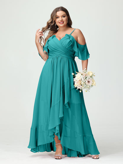 Forme Princesse Bretelles spaghetti Col en V Manches courtes Mousseline de soie Volants Asymétrique Grande taille Robes de demoiselle d'honneur