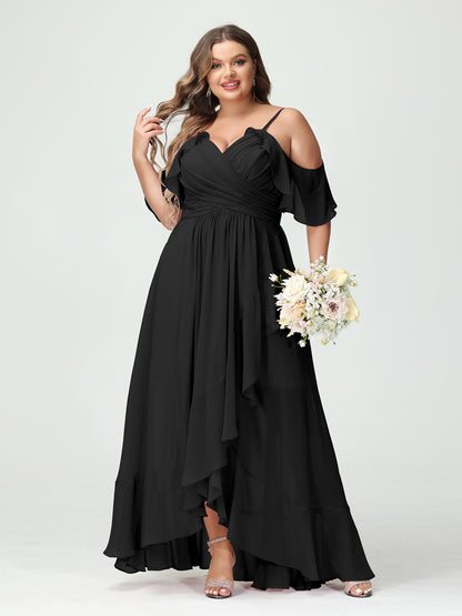 Forme Princesse Bretelles spaghetti Col en V Manches courtes Mousseline de soie Volants Asymétrique Grande taille Robes de demoiselle d'honneur