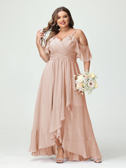 Forme Princesse Bretelles spaghetti Col en V Manches courtes Mousseline de soie Volants Asymétrique Grande taille Robes de demoiselle d'honneur