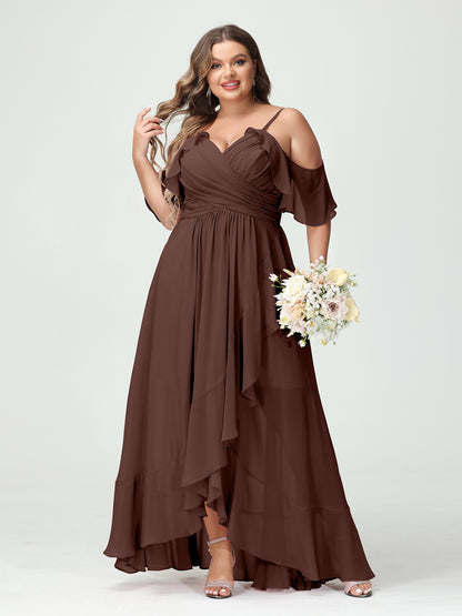 Forme Princesse Bretelles spaghetti Col en V Manches courtes Mousseline de soie Volants Asymétrique Grande taille Robes de demoiselle d'honneur