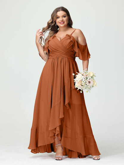 Forme Princesse Bretelles spaghetti Col en V Manches courtes Mousseline de soie Volants Asymétrique Grande taille Robes de demoiselle d'honneur