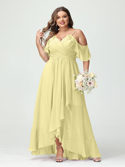Forme Princesse Bretelles spaghetti Col en V Manches courtes Mousseline de soie Volants Asymétrique Grande taille Robes de demoiselle d'honneur