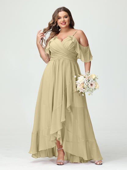 Forme Princesse Bretelles spaghetti Col en V Manches courtes Mousseline de soie Volants Asymétrique Grande taille Robes de demoiselle d'honneur