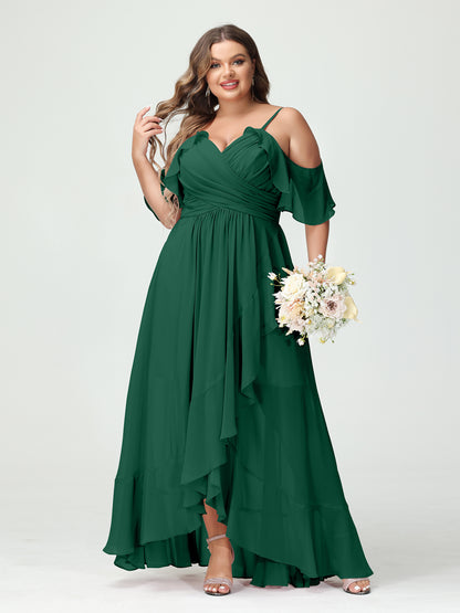 Forme Princesse Bretelles spaghetti Col en V Manches courtes Mousseline de soie Volants Asymétrique Grande taille Robes de demoiselle d'honneur
