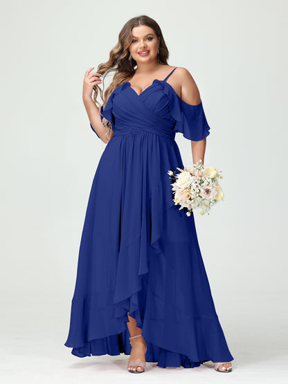Forme Princesse Bretelles spaghetti Col en V Manches courtes Mousseline de soie Volants Asymétrique Grande taille Robes de demoiselle d'honneur