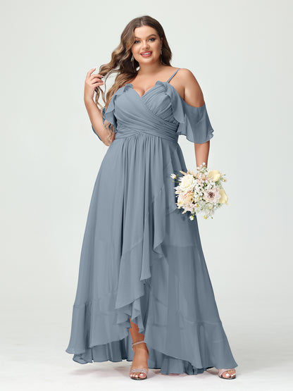 Forme Princesse Bretelles spaghetti Col en V Manches courtes Mousseline de soie Volants Asymétrique Grande taille Robes de demoiselle d'honneur
