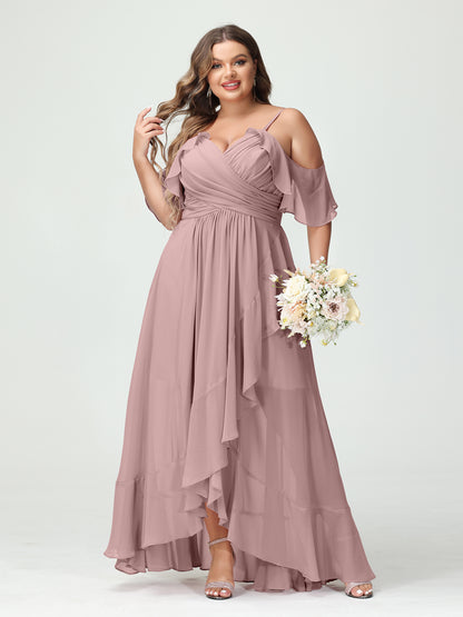 Forme Princesse Bretelles spaghetti Col en V Manches courtes Mousseline de soie Volants Asymétrique Grande taille Robes de demoiselle d'honneur