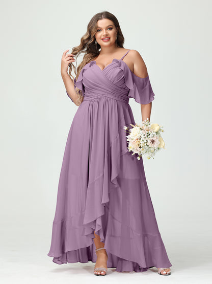 Forme Princesse Bretelles spaghetti Col en V Manches courtes Mousseline de soie Volants Asymétrique Grande taille Robes de demoiselle d'honneur