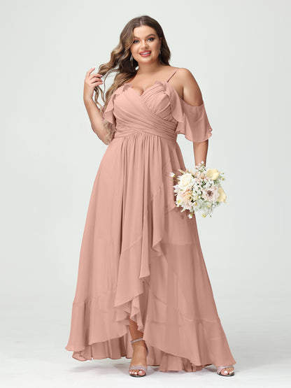 Forme Princesse Bretelles spaghetti Col en V Manches courtes Mousseline de soie Volants Asymétrique Grande taille Robes de demoiselle d'honneur