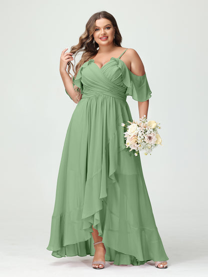 Forme Princesse Bretelles spaghetti Col en V Manches courtes Mousseline de soie Volants Asymétrique Grande taille Robes de demoiselle d'honneur