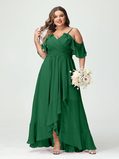 Forme Princesse Bretelles spaghetti Col en V Manches courtes Mousseline de soie Volants Asymétrique Grande taille Robes de demoiselle d'honneur