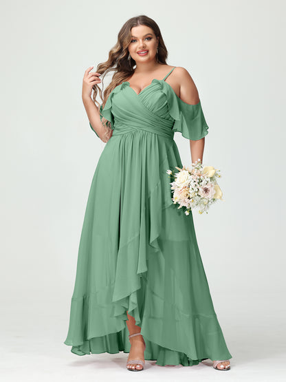 Forme Princesse Bretelles spaghetti Col en V Manches courtes Mousseline de soie Volants Asymétrique Grande taille Robes de demoiselle d'honneur