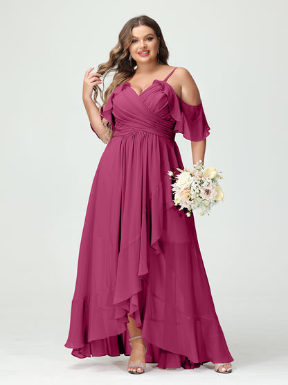 Forme Princesse Bretelles spaghetti Col en V Manches courtes Mousseline de soie Volants Asymétrique Grande taille Robes de demoiselle d'honneur