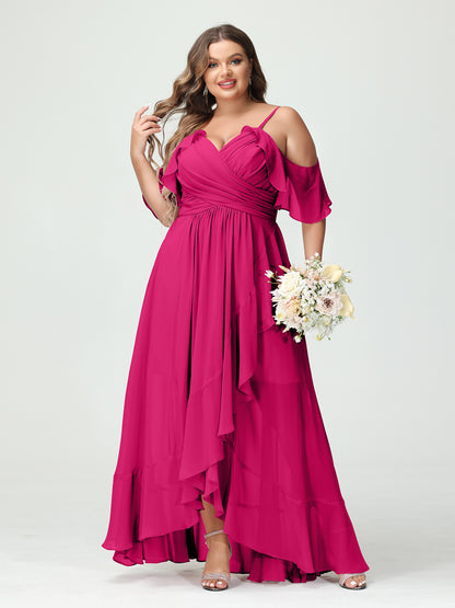 Forme Princesse Bretelles spaghetti Col en V Manches courtes Mousseline de soie Volants Asymétrique Grande taille Robes de demoiselle d'honneur
