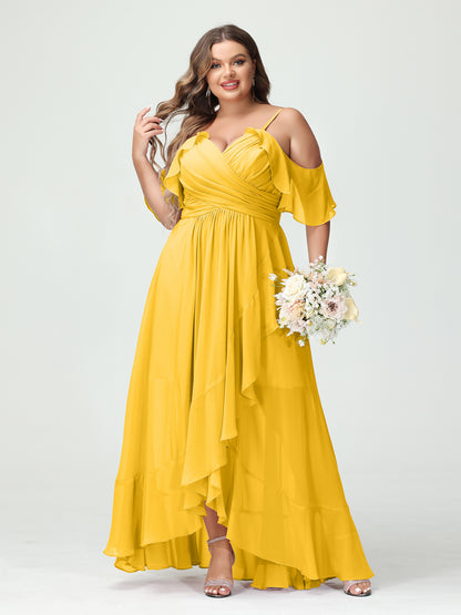 Forme Princesse Bretelles spaghetti Col en V Manches courtes Mousseline de soie Volants Asymétrique Grande taille Robes de demoiselle d'honneur