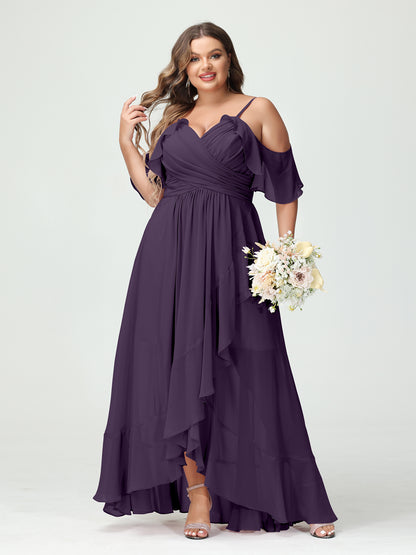 Forme Princesse Bretelles spaghetti Col en V Manches courtes Mousseline de soie Volants Asymétrique Grande taille Robes de demoiselle d'honneur