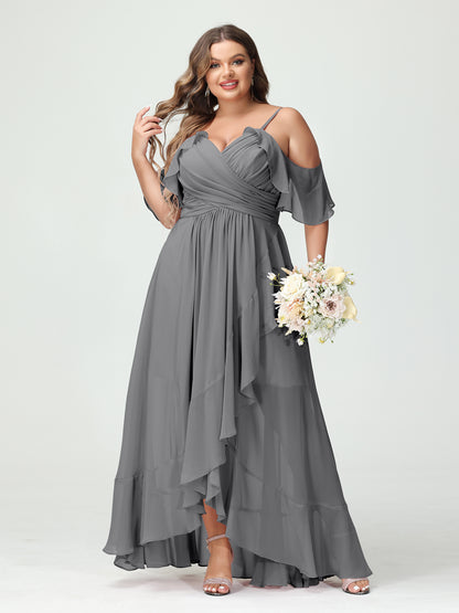Forme Princesse Bretelles spaghetti Col en V Manches courtes Mousseline de soie Volants Asymétrique Grande taille Robes de demoiselle d'honneur