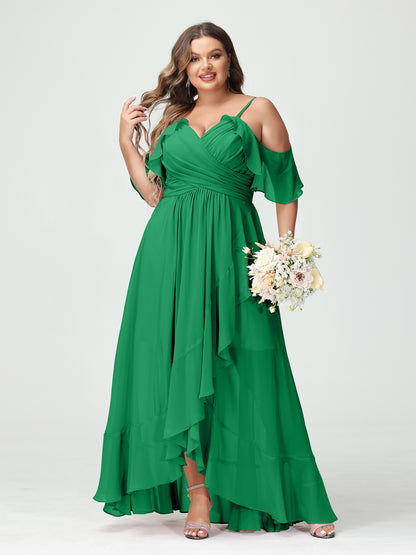 Forme Princesse Bretelles spaghetti Col en V Manches courtes Mousseline de soie Volants Asymétrique Grande taille Robes de demoiselle d'honneur
