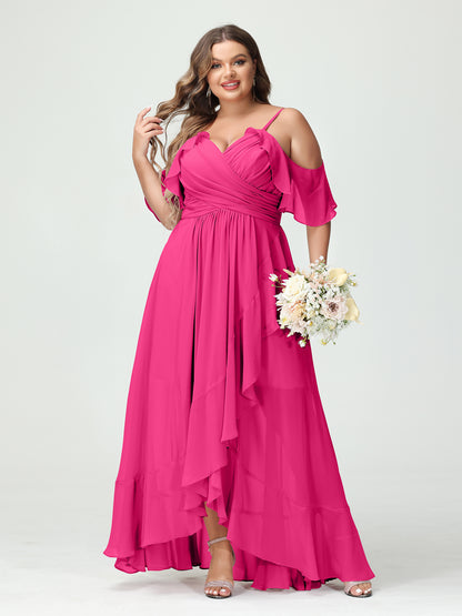 Forme Princesse Bretelles spaghetti Col en V Manches courtes Mousseline de soie Volants Asymétrique Grande taille Robes de demoiselle d'honneur