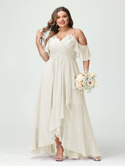 Forme Princesse Bretelles spaghetti Col en V Manches courtes Mousseline de soie Volants Asymétrique Grande taille Robes de demoiselle d'honneur