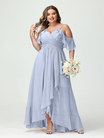 Forme Princesse Bretelles spaghetti Col en V Manches courtes Mousseline de soie Volants Asymétrique Grande taille Robes de demoiselle d'honneur