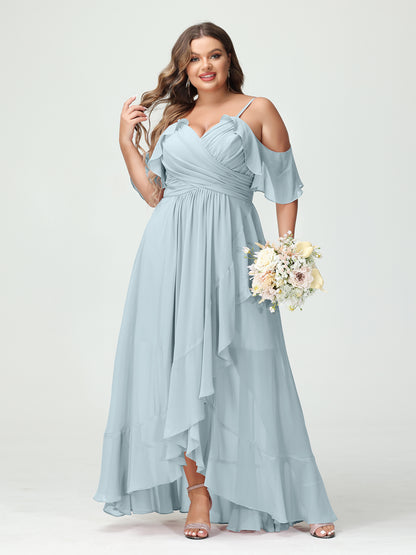 Forme Princesse Bretelles spaghetti Col en V Manches courtes Mousseline de soie Volants Asymétrique Grande taille Robes de demoiselle d'honneur