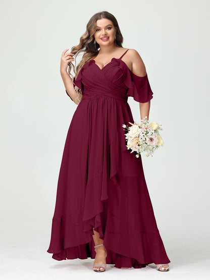 Forme Princesse Bretelles spaghetti Col en V Manches courtes Mousseline de soie Volants Asymétrique Grande taille Robes de demoiselle d'honneur