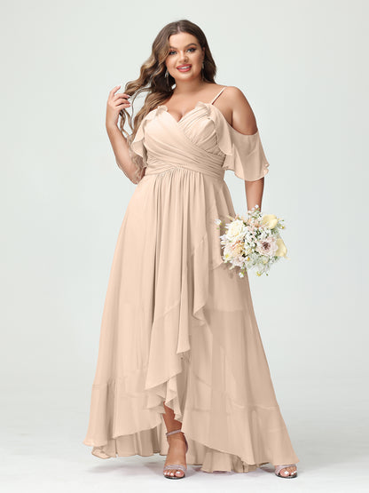 Forme Princesse Bretelles spaghetti Col en V Manches courtes Mousseline de soie Volants Asymétrique Grande taille Robes de demoiselle d'honneur