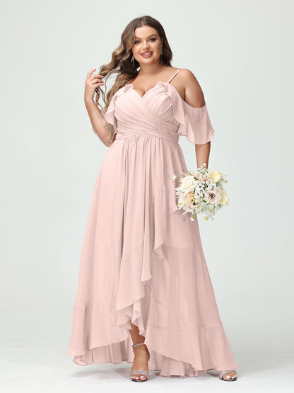 Forme Princesse Bretelles spaghetti Col en V Manches courtes Mousseline de soie Volants Asymétrique Grande taille Robes de demoiselle d'honneur