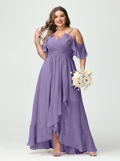 Forme Princesse Bretelles spaghetti Col en V Manches courtes Mousseline de soie Volants Asymétrique Grande taille Robes de demoiselle d'honneur