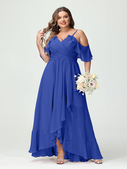 Forme Princesse Bretelles spaghetti Col en V Manches courtes Mousseline de soie Volants Asymétrique Grande taille Robes de demoiselle d'honneur
