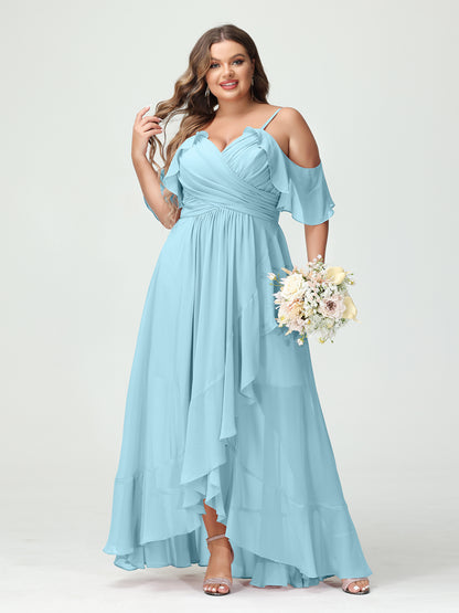 Forme Princesse Bretelles spaghetti Col en V Manches courtes Mousseline de soie Volants Asymétrique Grande taille Robes de demoiselle d'honneur