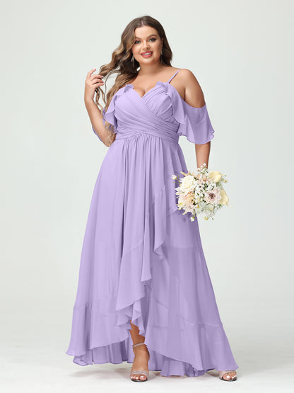 Forme Princesse Bretelles spaghetti Col en V Manches courtes Mousseline de soie Volants Asymétrique Grande taille Robes de demoiselle d'honneur