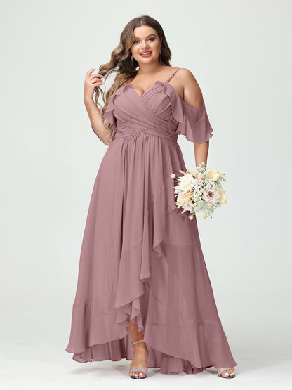 Forme Princesse Bretelles spaghetti Col en V Manches courtes Mousseline de soie Volants Asymétrique Grande taille Robes de demoiselle d'honneur
