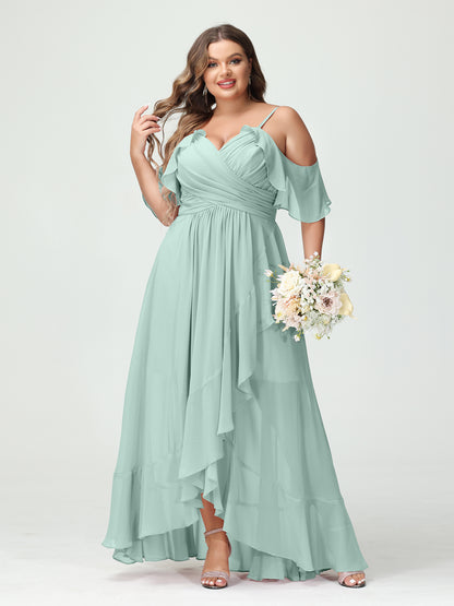 Forme Princesse Bretelles spaghetti Col en V Manches courtes Mousseline de soie Volants Asymétrique Grande taille Robes de demoiselle d'honneur