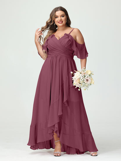 Forme Princesse Bretelles spaghetti Col en V Manches courtes Mousseline de soie Volants Asymétrique Grande taille Robes de demoiselle d'honneur