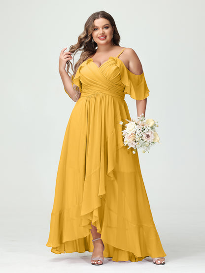 Forme Princesse Bretelles spaghetti Col en V Manches courtes Mousseline de soie Volants Asymétrique Grande taille Robes de demoiselle d'honneur