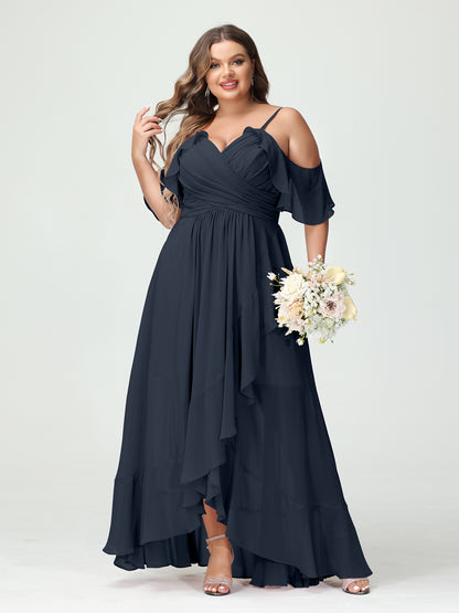 Forme Princesse Bretelles spaghetti Col en V Manches courtes Mousseline de soie Volants Asymétrique Grande taille Robes de demoiselle d'honneur