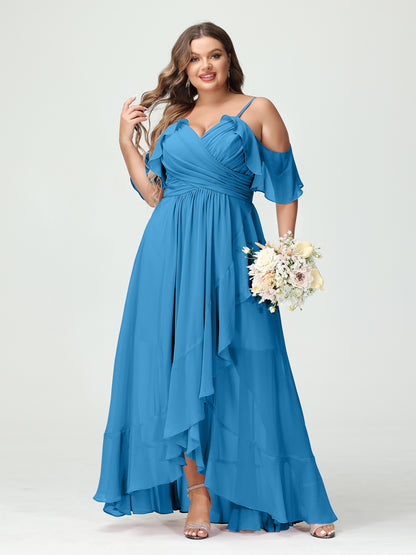 Forme Princesse Bretelles spaghetti Col en V Manches courtes Mousseline de soie Volants Asymétrique Grande taille Robes de demoiselle d'honneur