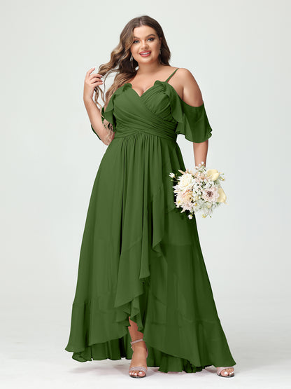 Forme Princesse Bretelles spaghetti Col en V Manches courtes Mousseline de soie Volants Asymétrique Grande taille Robes de demoiselle d'honneur