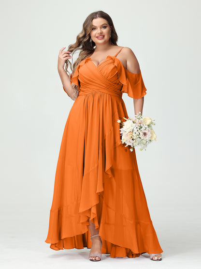 Forme Princesse Bretelles spaghetti Col en V Manches courtes Mousseline de soie Volants Asymétrique Grande taille Robes de demoiselle d'honneur