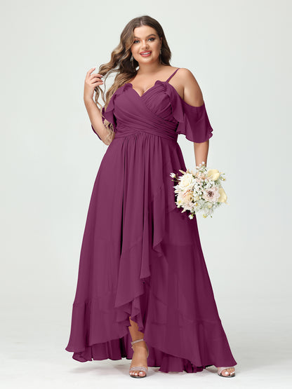 Forme Princesse Bretelles spaghetti Col en V Manches courtes Mousseline de soie Volants Asymétrique Grande taille Robes de demoiselle d'honneur