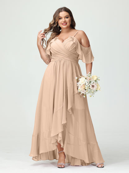 Forme Princesse Bretelles spaghetti Col en V Manches courtes Mousseline de soie Volants Asymétrique Grande taille Robes de demoiselle d'honneur