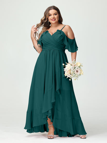 Forme Princesse Bretelles spaghetti Col en V Manches courtes Mousseline de soie Volants Asymétrique Grande taille Robes de demoiselle d'honneur