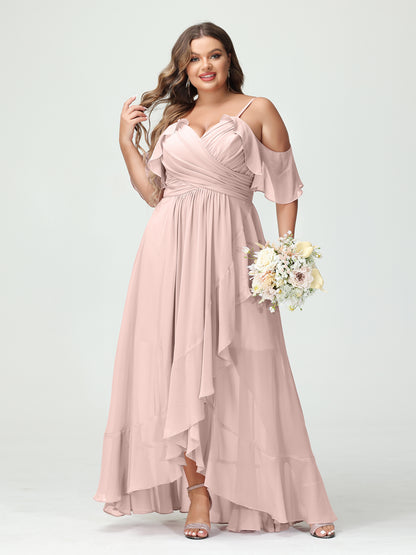 Forme Princesse Bretelles spaghetti Col en V Manches courtes Mousseline de soie Volants Asymétrique Grande taille Robes de demoiselle d'honneur