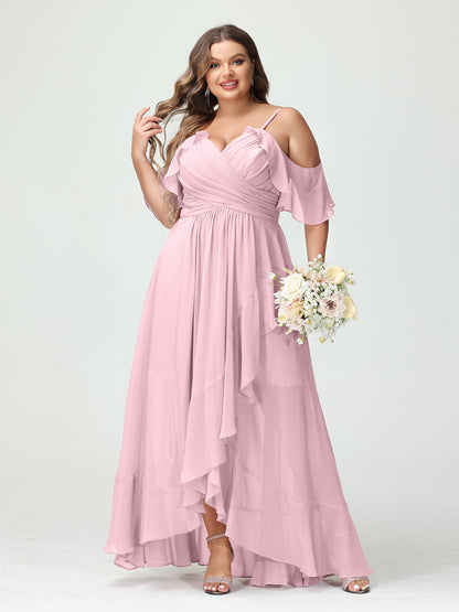 Forme Princesse Bretelles spaghetti Col en V Manches courtes Mousseline de soie Volants Asymétrique Grande taille Robes de demoiselle d'honneur