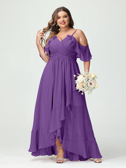 Forme Princesse Bretelles spaghetti Col en V Manches courtes Mousseline de soie Volants Asymétrique Grande taille Robes de demoiselle d'honneur
