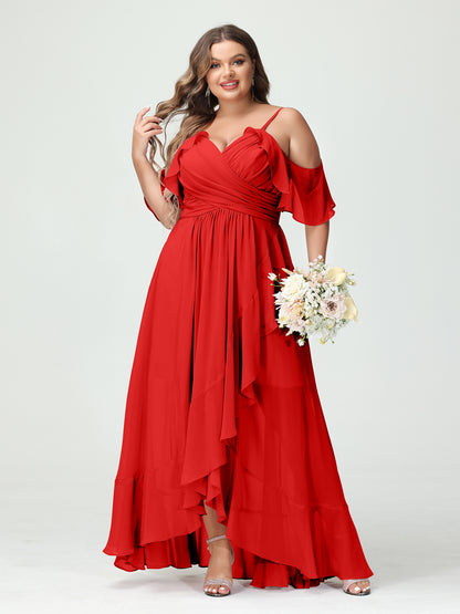 Forme Princesse Bretelles spaghetti Col en V Manches courtes Mousseline de soie Volants Asymétrique Grande taille Robes de demoiselle d'honneur