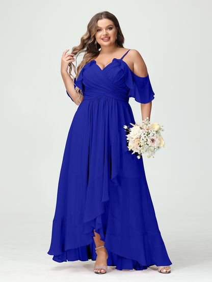 Forme Princesse Bretelles spaghetti Col en V Manches courtes Mousseline de soie Volants Asymétrique Grande taille Robes de demoiselle d'honneur